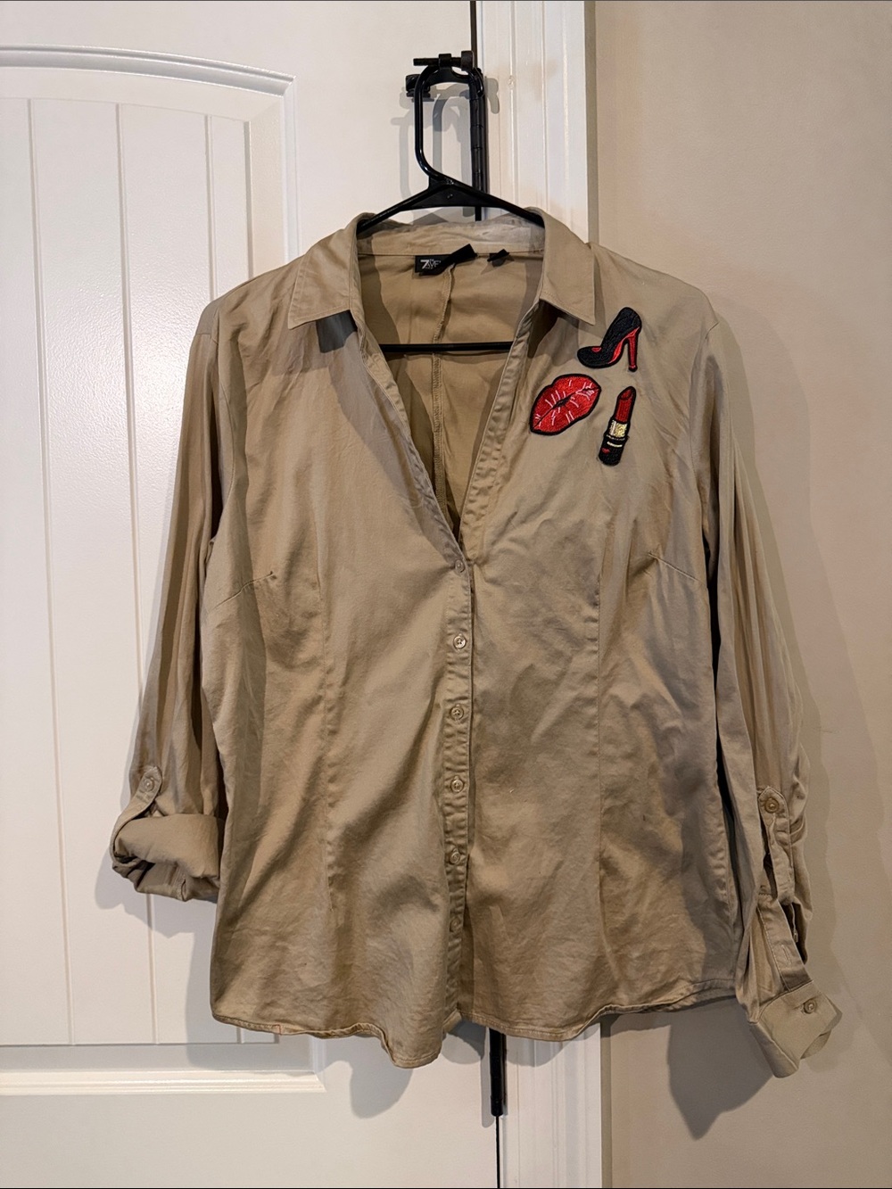 Beige Button-Up Shirt with Lipstick & Heel Patches